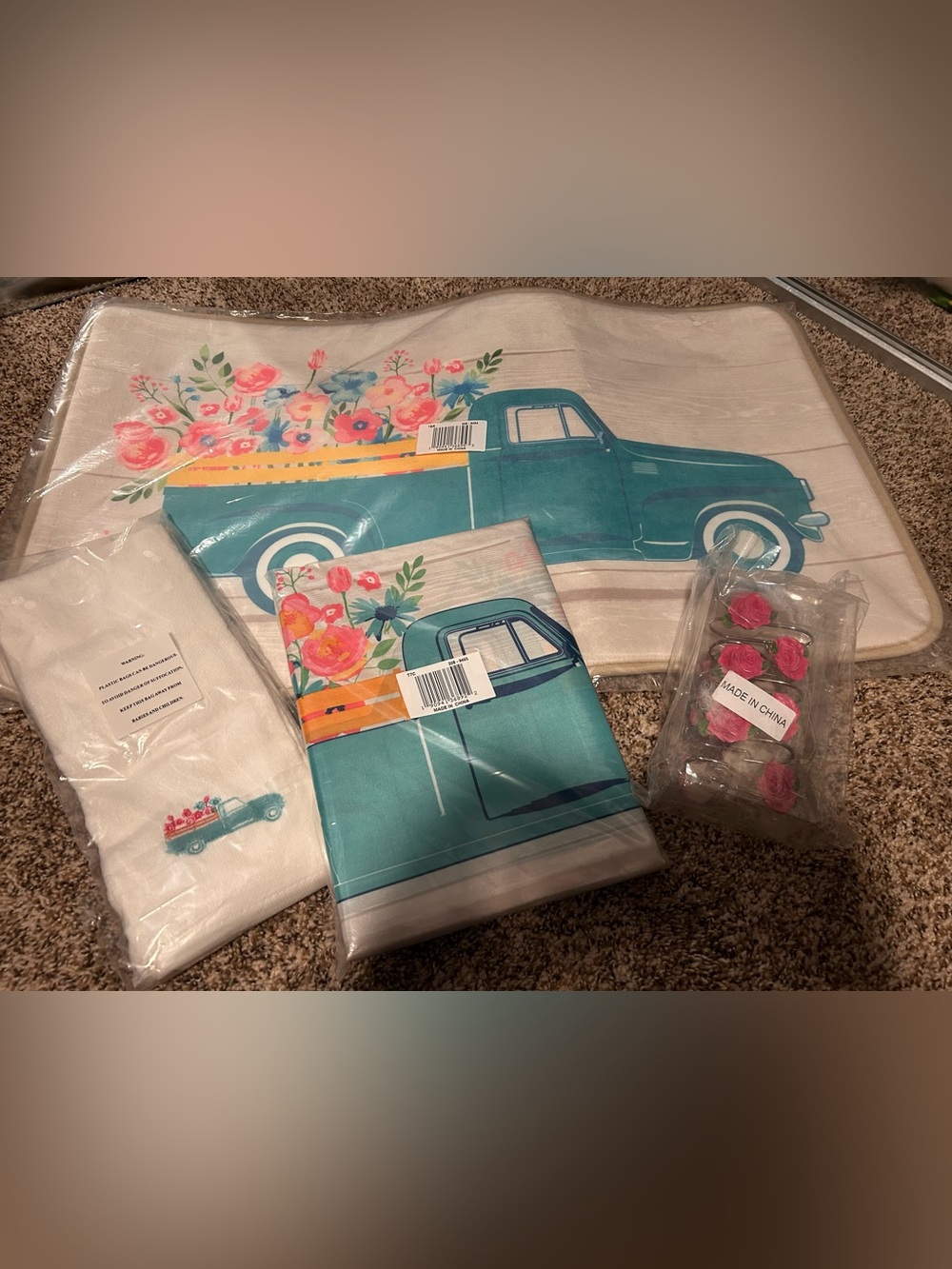 Teal Vintage Truck Floral Bathroom Set - Teal & Pink